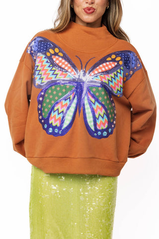 QOS Brown Patchwork Butterfly Mock Neck Sweatshirt - Boutique Bella BellaQueen of Sparkles