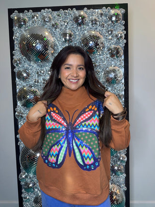 QOS Brown Patchwork Butterfly Mock Neck Sweatshirt - Boutique Bella BellaQueen of Sparkles