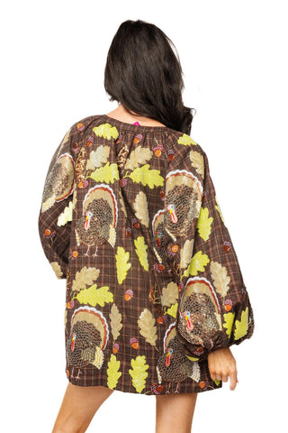 QOS Brown Plaid Turkey & Leaves Button Up Long Sleeve Dress - Boutique Bella BellaQueen of Sparkles