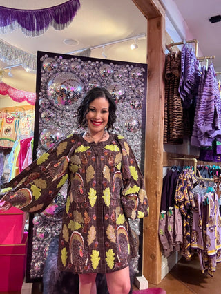 QOS Brown Plaid Turkey & Leaves Button Up Long Sleeve Dress - Boutique Bella BellaQueen of Sparkles
