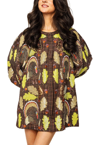 QOS Brown Plaid Turkey & Leaves Button Up Long Sleeve Dress - Boutique Bella BellaQueen of Sparkles
