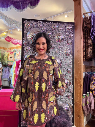 QOS Brown Plaid Turkey & Leaves Button Up Long Sleeve Dress - Boutique Bella BellaQueen of Sparkles