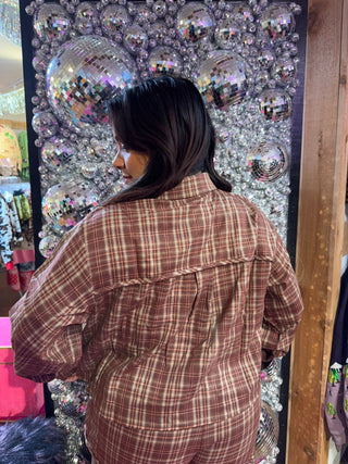 QOS Brown Plaid Turkey Ruffle Patch Button Up Top - Boutique Bella BellaQueen of Sparkles