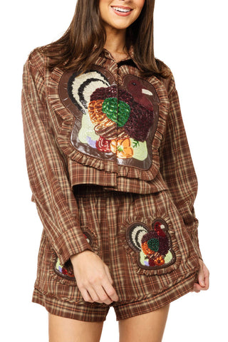 QOS Brown Plaid Turkey Ruffle Patch Button Up Top - Boutique Bella BellaQueen of Sparkles
