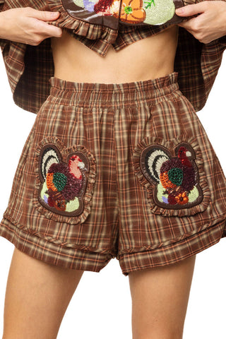 QOS Brown Plaid Turkey Ruffle Patch Pocket Short - Boutique Bella BellaQueen of Sparkles