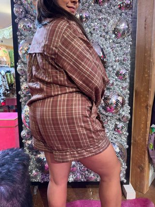 QOS Brown Plaid Turkey Ruffle Patch Pocket Short - Boutique Bella BellaQueen of Sparkles