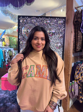QOS Camel Floral 'Camp' Mock Neck Sweatshirt - Boutique Bella BellaQueen of Sparkles