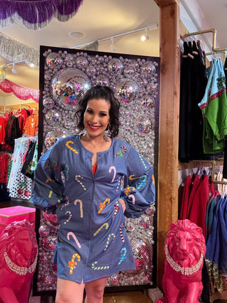 QOS Chambray Multi Candy Cane Dress - Boutique Bella BellaQueen of Sparkles