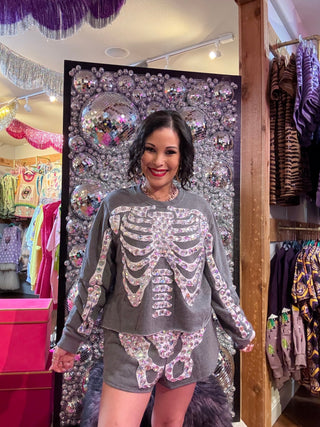 QOS Charcoal Iridescent Jeweled Skeleton Short - Boutique Bella BellaQueen of Sparkles