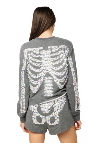 QOS Charcoal Iridescent Jeweled Skeleton Sweatshirt - Boutique Bella BellaQueen of Sparkles