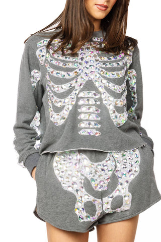 QOS Charcoal Iridescent Jeweled Skeleton Sweatshirt - Boutique Bella BellaQueen of Sparkles