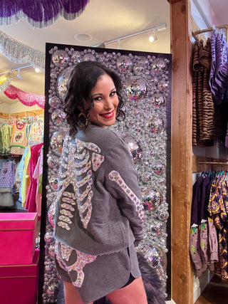 QOS Charcoal Iridescent Jeweled Skeleton Sweatshirt - Boutique Bella BellaQueen of Sparkles