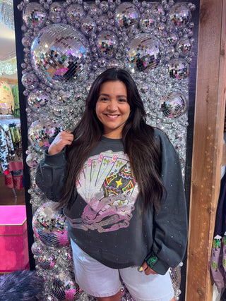 QOS Charcoal Skeleton Holding Queen Cards Rhinestone Sweatshirt - Boutique Bella BellaQueen of Sparkles