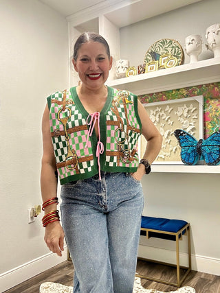 QOS Colorblock Checkered Horse Bit Tie Up Knit Tank - Boutique Bella BellaQueen of Sparkles
