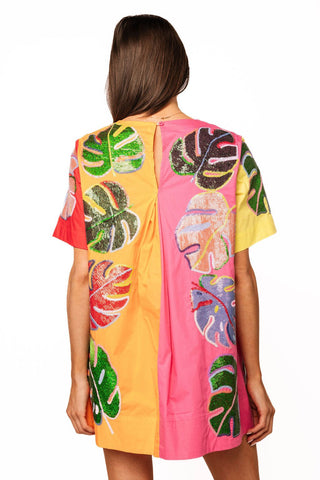 QOS Colorblock Cotton Palm Leaf Short Sleeve Dress - Boutique Bella BellaDress