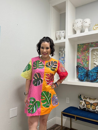 QOS Colorblock Cotton Palm Leaf Short Sleeve Dress - Boutique Bella BellaDress
