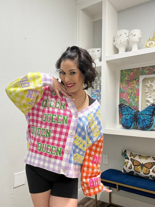 QOS Colorblock Gingham Queen All Over Cardigan - Boutique Bella BellaCardigan
