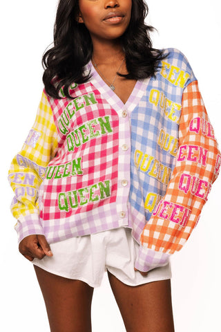 QOS Colorblock Gingham Queen All Over Cardigan - Boutique Bella BellaCardigan