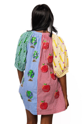 QOS Colorblock Gingham Teacher Icon Button UP Dress - Boutique Bella BellaQueen of Sparkles