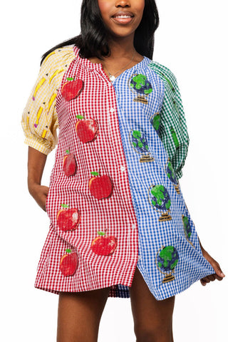 QOS Colorblock Gingham Teacher Icon Button UP Dress - Boutique Bella BellaQueen of Sparkles