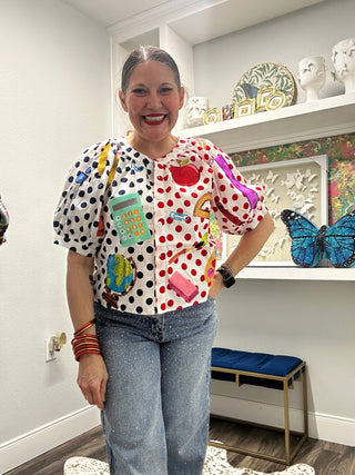 QOS Colorblock Polka Dot Teacher Icon Button Up Top - Boutique Bella BellaQueen of Sparkles