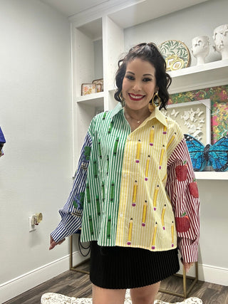 QOS Colorblock Stripe Teacher Icon Button Up Cotton Top - Boutique Bella BellaQueen of Sparkles