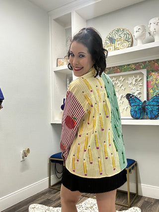 QOS Colorblock Stripe Teacher Icon Button Up Cotton Top - Boutique Bella BellaQueen of Sparkles