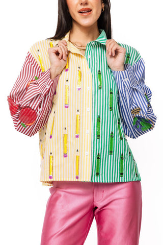 QOS Colorblock Stripe Teacher Icon Button Up Cotton Top - Boutique Bella BellaQueen of Sparkles