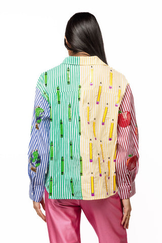 QOS Colorblock Stripe Teacher Icon Button Up Cotton Top - Boutique Bella BellaQueen of Sparkles