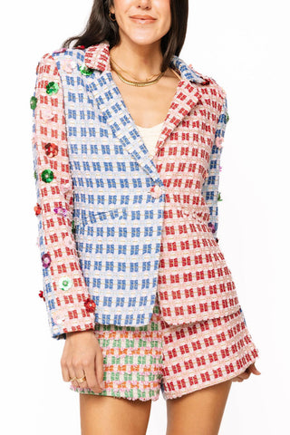 QOS Colorblock Tweed Flower Sleeve Blazer - Boutique Bella BellaQueen of Sparkles