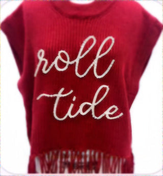 QOS - Crimson 'Roll Tide" Fringe Sweater Vest - Boutique Bella BellaQueen of Sparkles