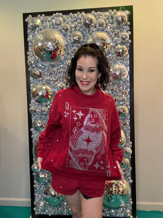 QOS Crimson Scattered Jewel QOS Card Logo Mock Neck Sweatshirt - Boutique Bella BellaSweatshirt
