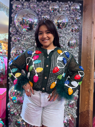 QOS Dark Green Crochet Multi Christmas Light Feather Sleeve Top - Boutique Bella BellaQueen of Sparkles
