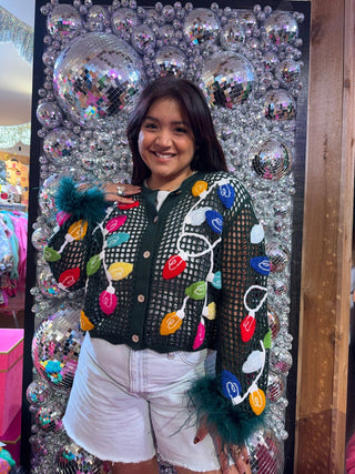 QOS Dark Green Crochet Multi Christmas Light Feather Sleeve Top - Boutique Bella BellaQueen of Sparkles