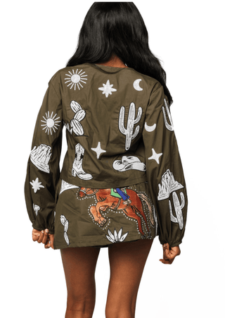 QOS Dark Green & Ivory Western Icon Tie Up Long Sleeve Top - Boutique Bella Bella