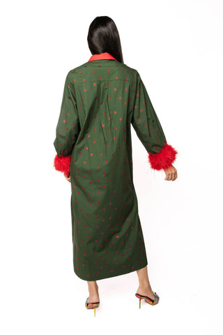QOS Dark Green Multi Christmas Lights Feather Trim Midi Dress - Boutique Bella BellaQueen of Sparkles