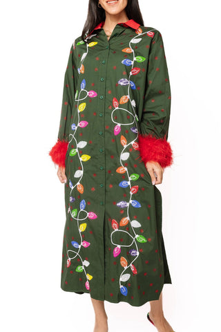 QOS Dark Green Multi Christmas Lights Feather Trim Midi Dress - Boutique Bella BellaQueen of Sparkles