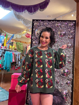 QOS Dark Green Multi Turkey Sweatshirt - Boutique Bella BellaQueen of Sparkles