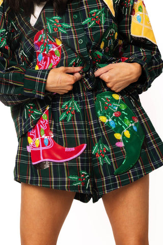 QOS Dark Green Plaid Multi Christmas Cowboy Boots Short - Boutique Bella BellaQueen of Sparkles
