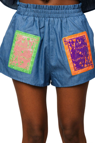QOS denim Colorblock Bandana QOS Card Logo Short - Boutique Bella BellaShorts
