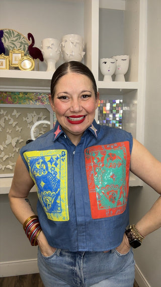 QOS Denim Colorblock Bandana QOS Card Logo Tank Top - Boutique Bella Bellabutton up top