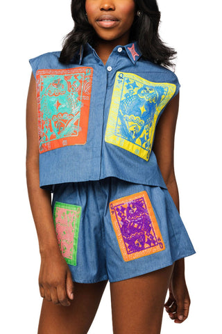 QOS Denim Colorblock Bandana QOS Card Logo Tank Top - Boutique Bella Bellabutton up top