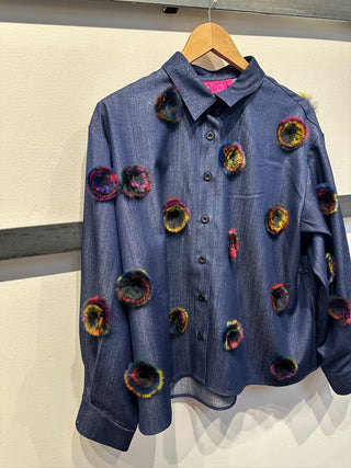 QOS Denim Multi Pom Pom Button Up Top - Boutique Bella BellaQueen of Sparkles