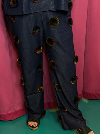 QOS Denim Multi Pom Pom Pant - Boutique Bella BellaQueen of Sparkles