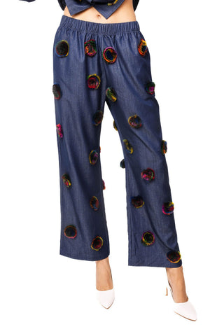 QOS Denim Multi Pom Pom Pant - Boutique Bella BellaQueen of Sparkles