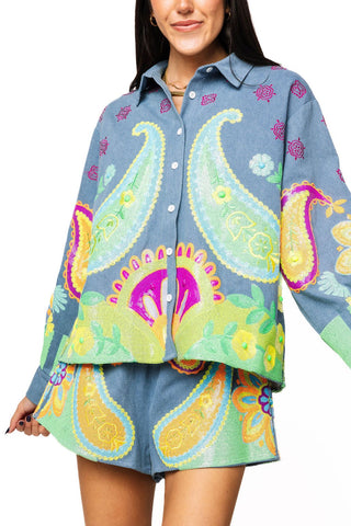 QOS Denim & Neon Paisley Print Button Up - Boutique Bella Bellabutton up top