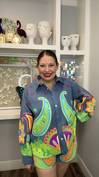 QOS Denim & Neon Paisley Print Button Up - Boutique Bella Bellabutton up top