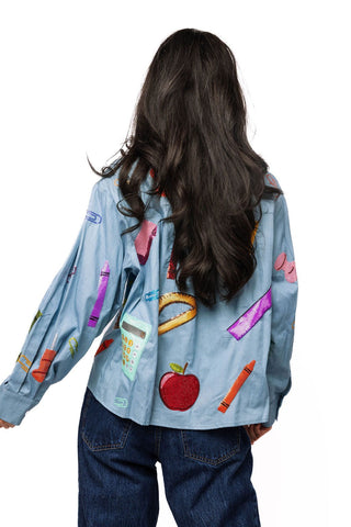 QOS Denim & Red Gingham Collar Teacher Icon Button Up Top - Boutique Bella BellaQueen of Sparkles