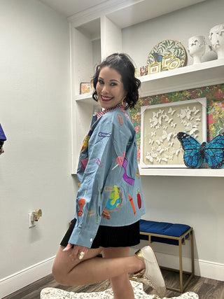 QOS Denim & Red Gingham Collar Teacher Icon Button Up Top - Boutique Bella BellaQueen of Sparkles