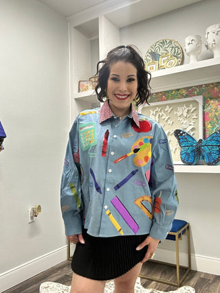 QOS Denim & Red Gingham Collar Teacher Icon Button Up Top - Boutique Bella BellaQueen of Sparkles